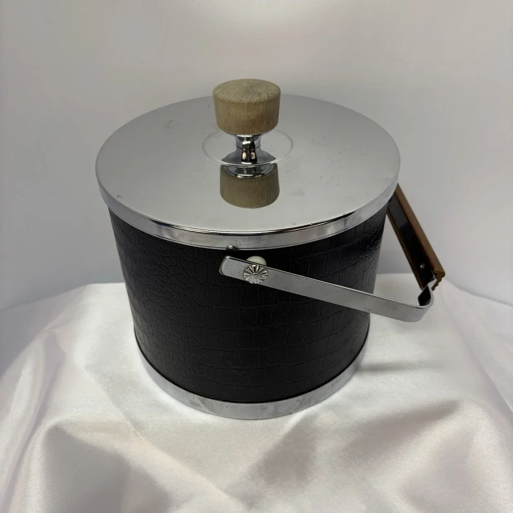 Atapco Ice Bucket Alligator Faux Black Leather Chrome Lid Wooden handle‎ Vintage